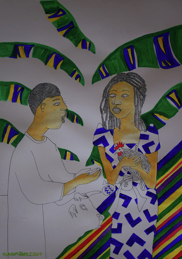Kintu and Nambi A Ugandan Folktale #18 Painting by Gloria Ssali
