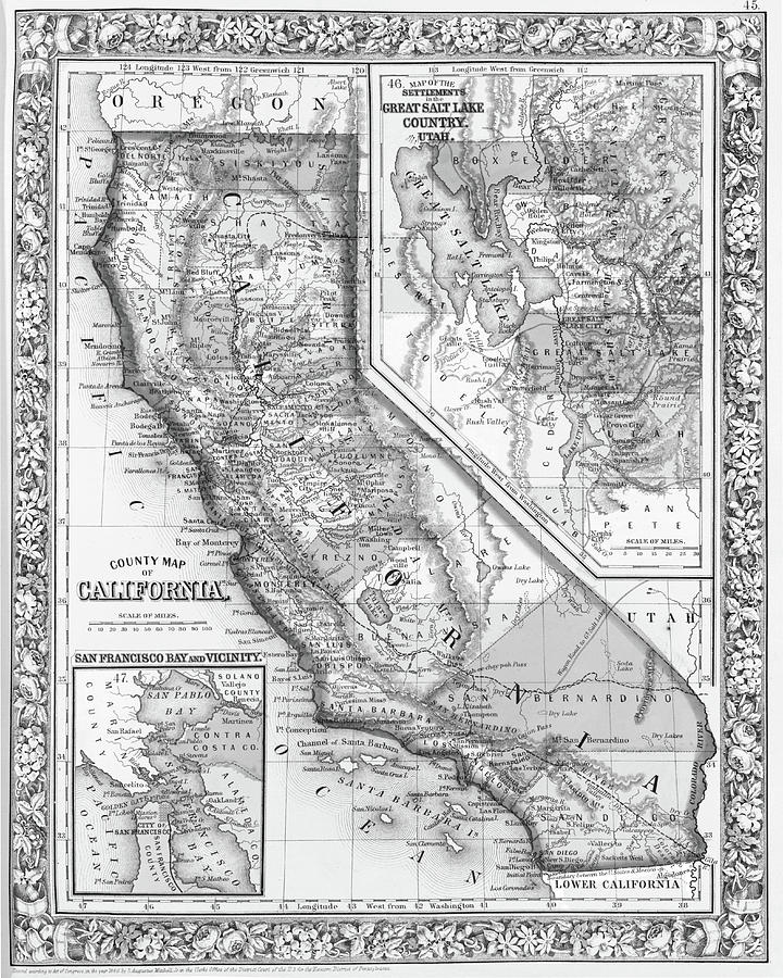 1800s California Historical Map Black and White Digital Art by Toby McGuire