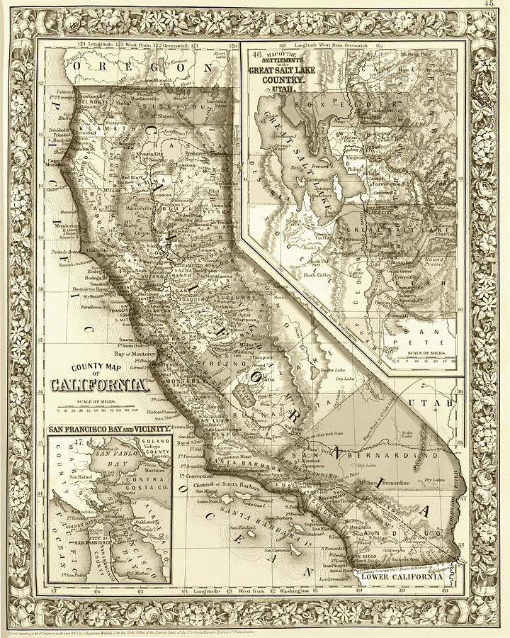 1800s California Historical Map Sepia Digital Art by Toby McGuire