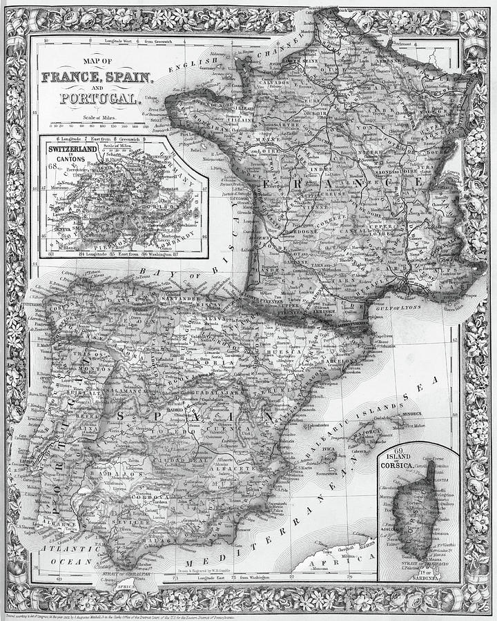 1800s France, Spain and Portugal County Map Black and White Digital Art by Toby McGuire