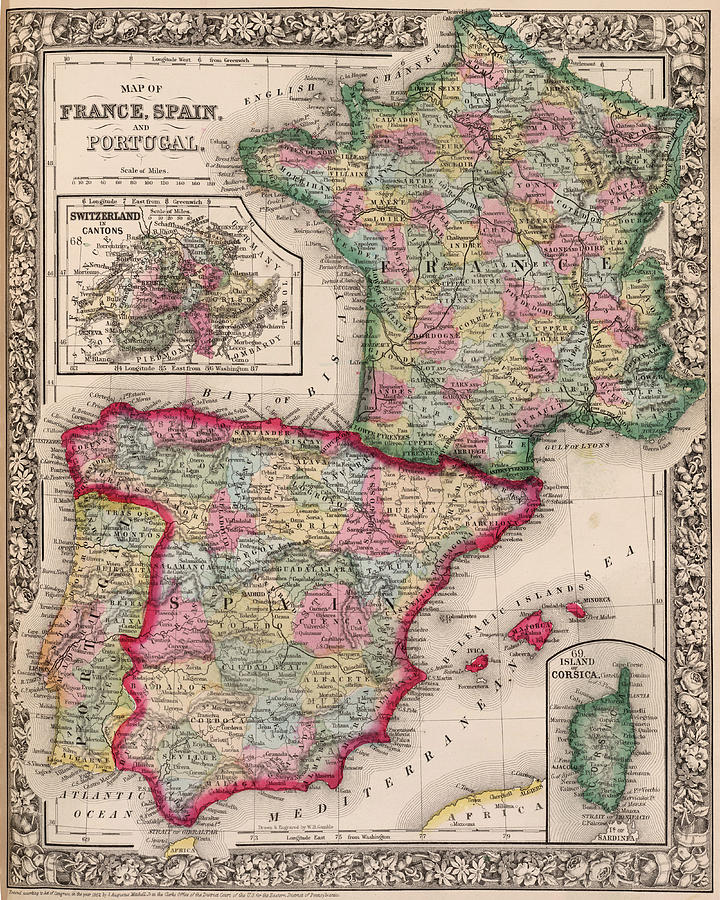 1800s France, Spain and Portugal County Map Color Digital Art by Toby McGuire