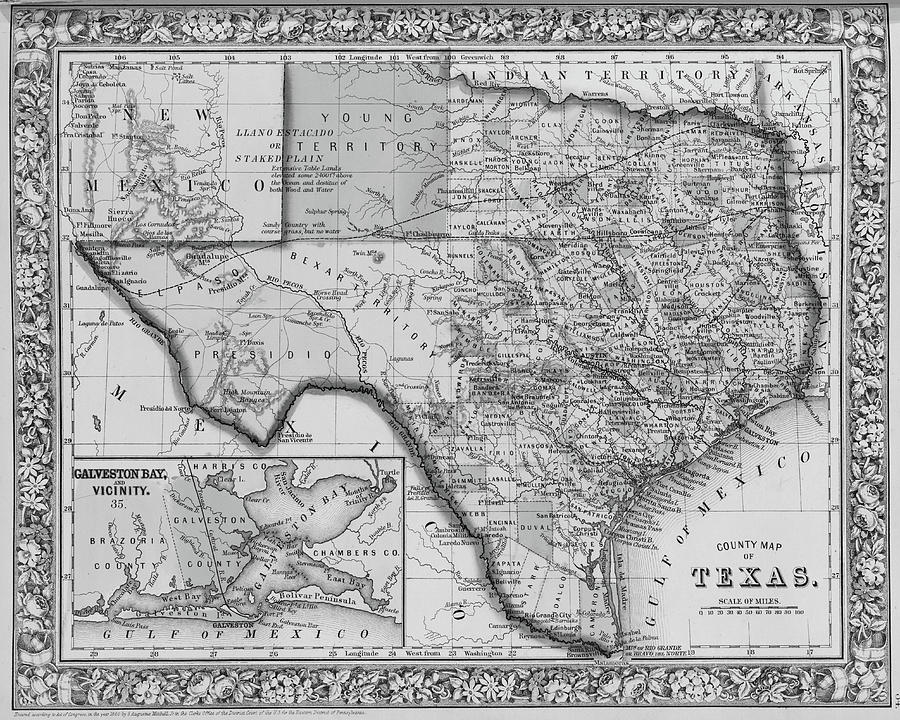 1800s historical map of Texas in Black and White Digital Art by Toby McGuire
