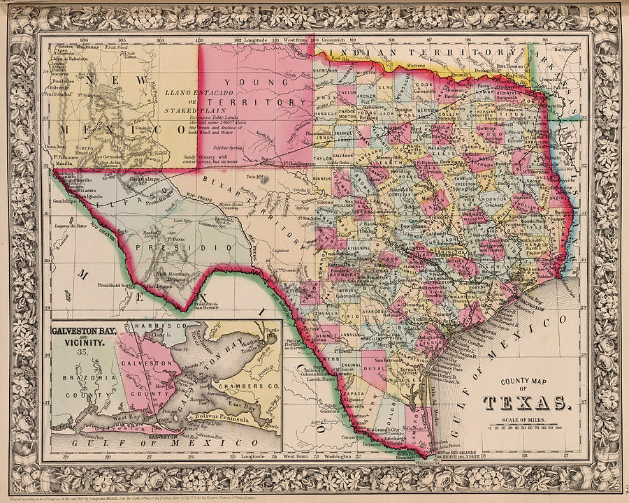 1800s historical map of Texas in Color Photograph by Toby McGuire