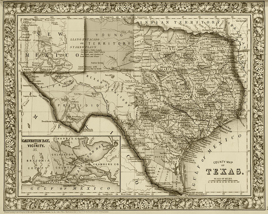 1800s historical map of Texas in Sepia Photograph by Toby McGuire