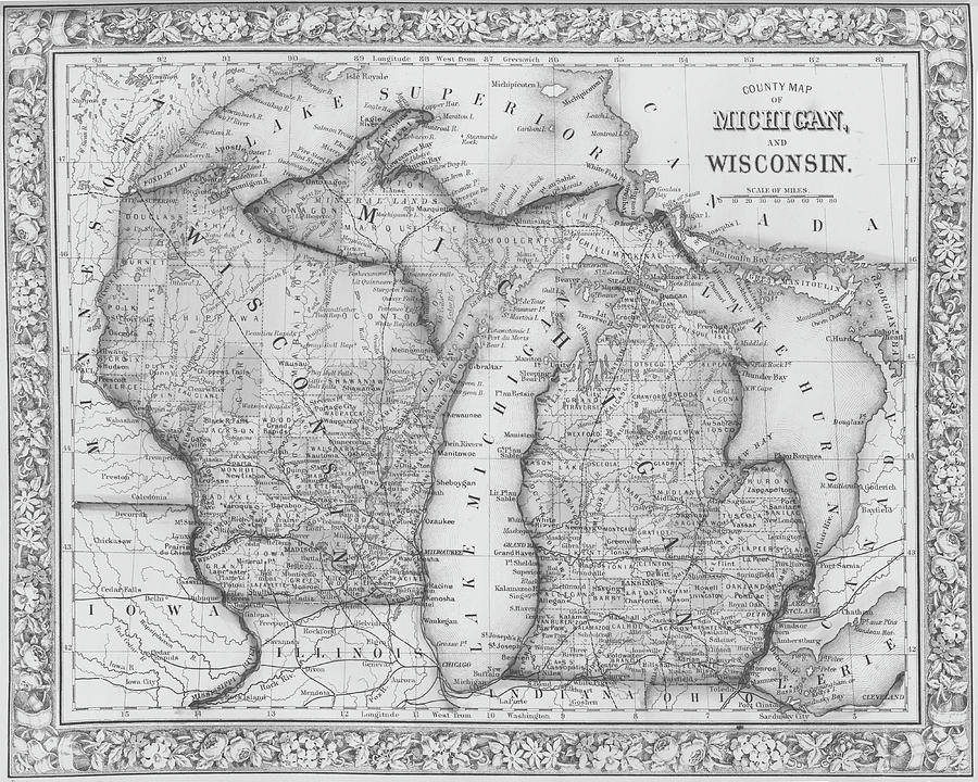 1800s Historical Michigan and Wisconsin Map Black and White Photograph by Toby McGuire