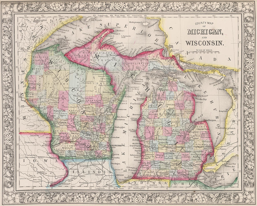 1800s Historical Michigan and Wisconsin Map Color Digital Art by Toby McGuire