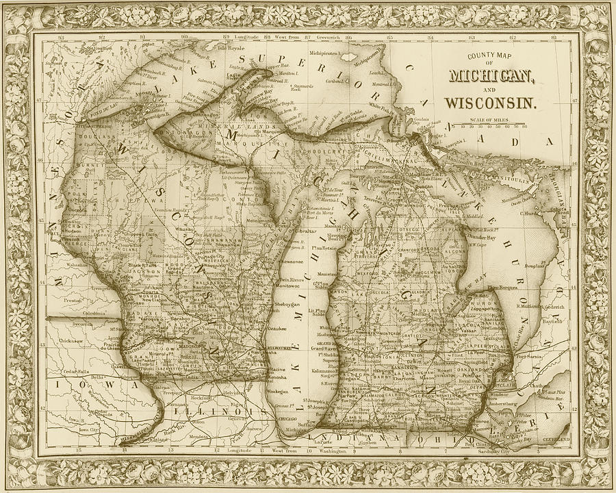 1800s Historical Michigan and Wisconsin Map Sepia Digital Art by Toby McGuire