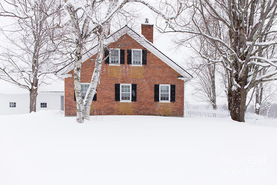 1800s New England Brick Farm House in Winter Photograph by Edward Fielding