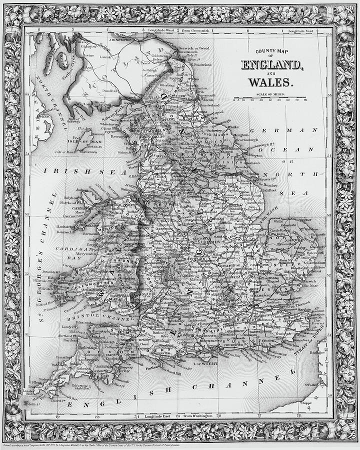 1800s Wales County Map Wales England Black and White Digital Art by Toby McGuire