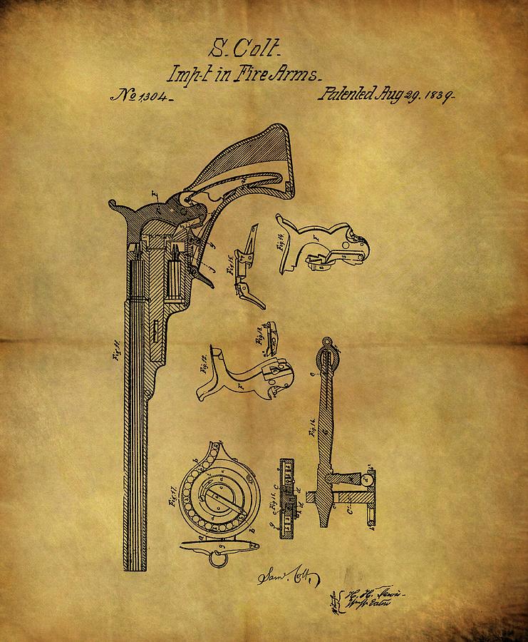 Colt Peacemaker Drawing - 1839 Samuel Colt Revolver Patent by Dan Sproul Colt Peacemaker Drawing - 1839 Samuel Colt Revolver Patent by Dan Sproul
