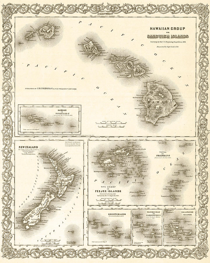 1841 Map Of the Hawaiian Islands Fiji Islands New Zealand 1800s map Sepia Digital Art by Toby McGuire