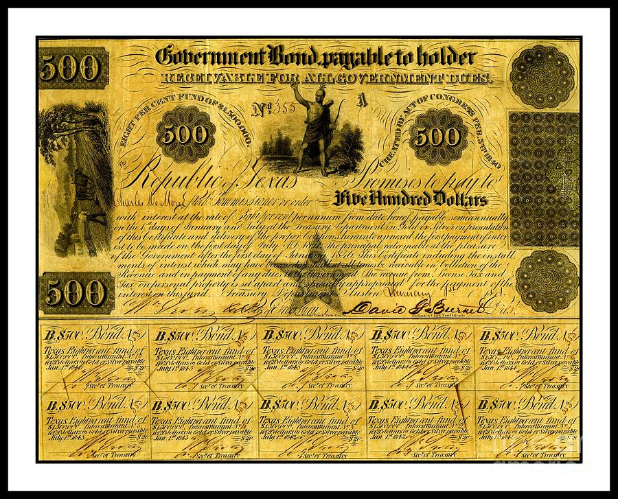 1841 Texas Bond Signed by David G Burnet President of the Republic of Texas with Native American Art Drawing by Peter Ogden