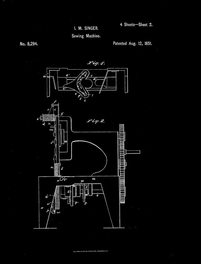 1851 Singer Sewing Machine Patent Drawing Photograph by Steve Kearns
