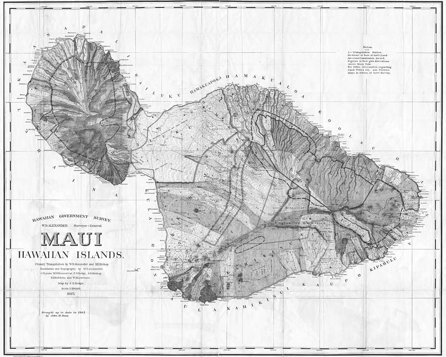 1855 Government Survey Map of Maui Hawaii Updated in 1903 Black and White Digital Art by Toby McGuire