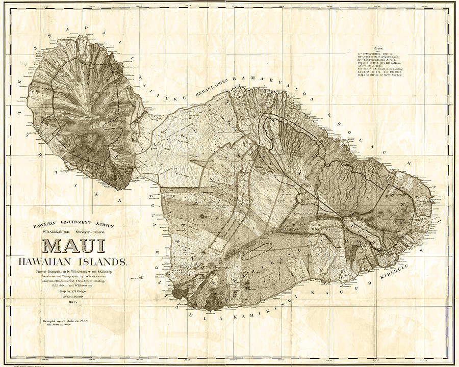 1855 Government Survey Map of Maui Hawaii Updated in 1903 Sepia Digital Art by Toby McGuire