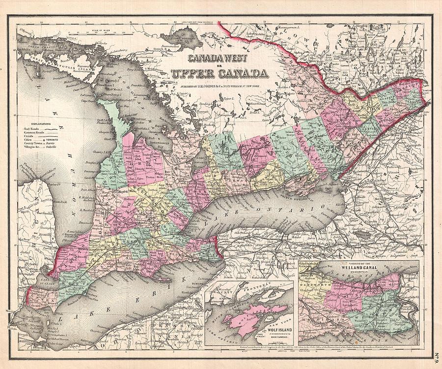 1857 Colton Map of Ontario Canada Painting by Celestial Images