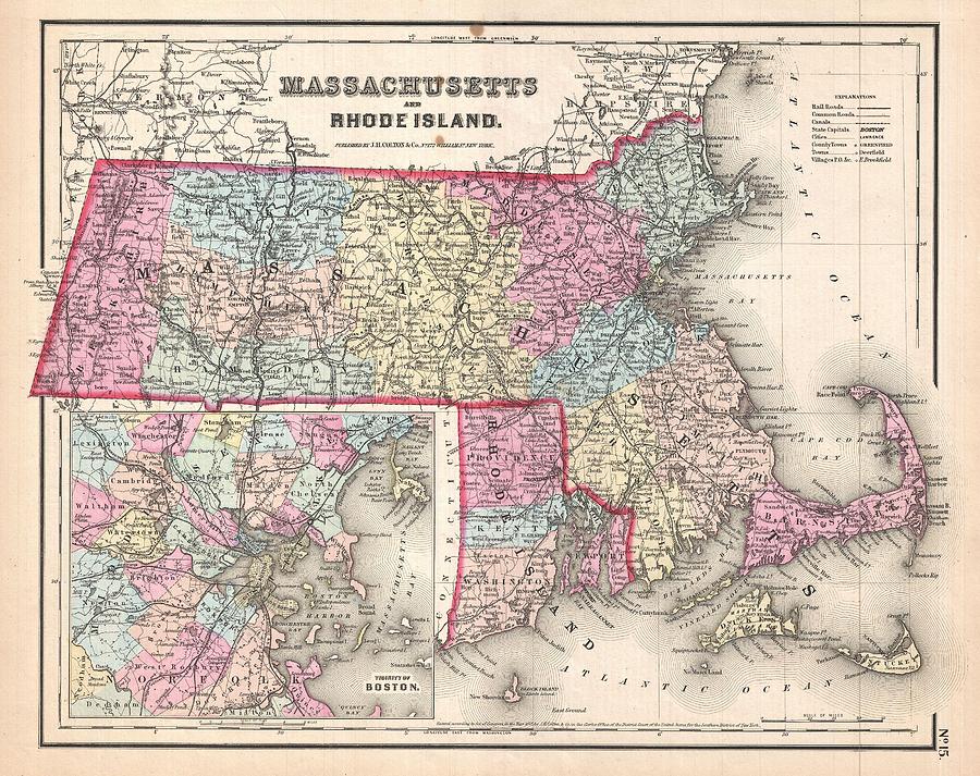 1857 Map of Massachusetts and Rhode Island Painting by Celestial Images