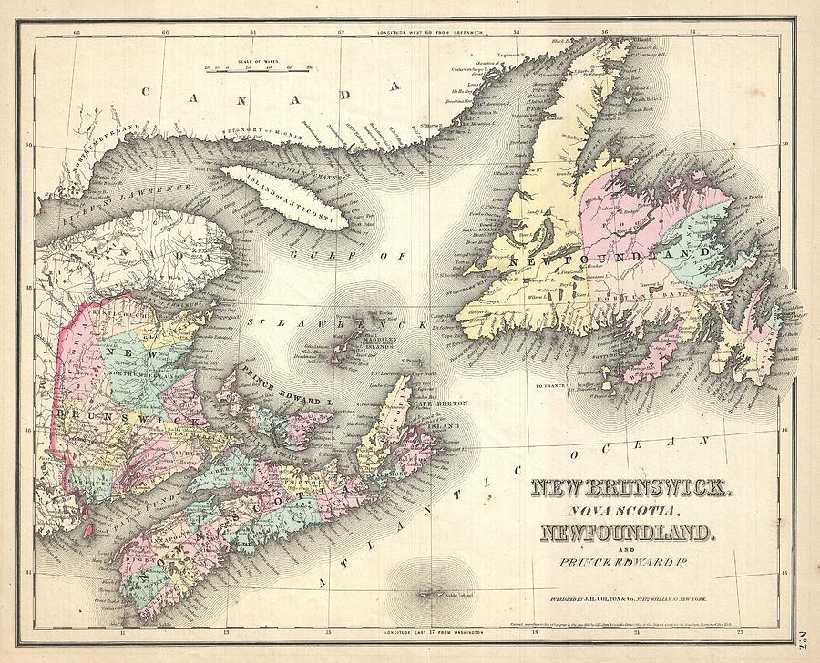 1857 Map of New Brunswick and Newfoundland Canada Painting by Celestial Images