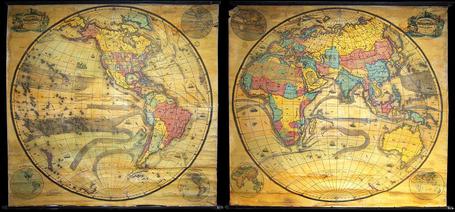 1858 Set of Two Pelton Wall Maps, Western Hemisphere and Eastern Hemisphere  Photograph by Paul Fearn