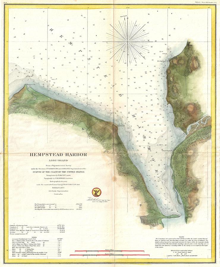 1859 U.S. Coast Survey Chart or Map of Hempstead Harbor, Long Island, New York  Photograph by Paul Fearn