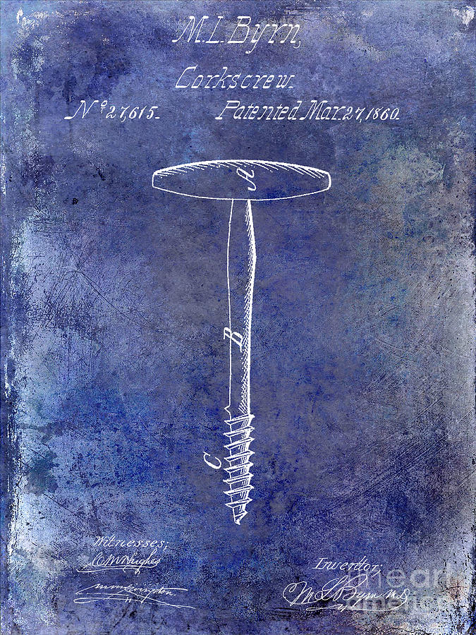 Wine Photograph - 1860 Corkscrew Patent Blue by Jon Neidert