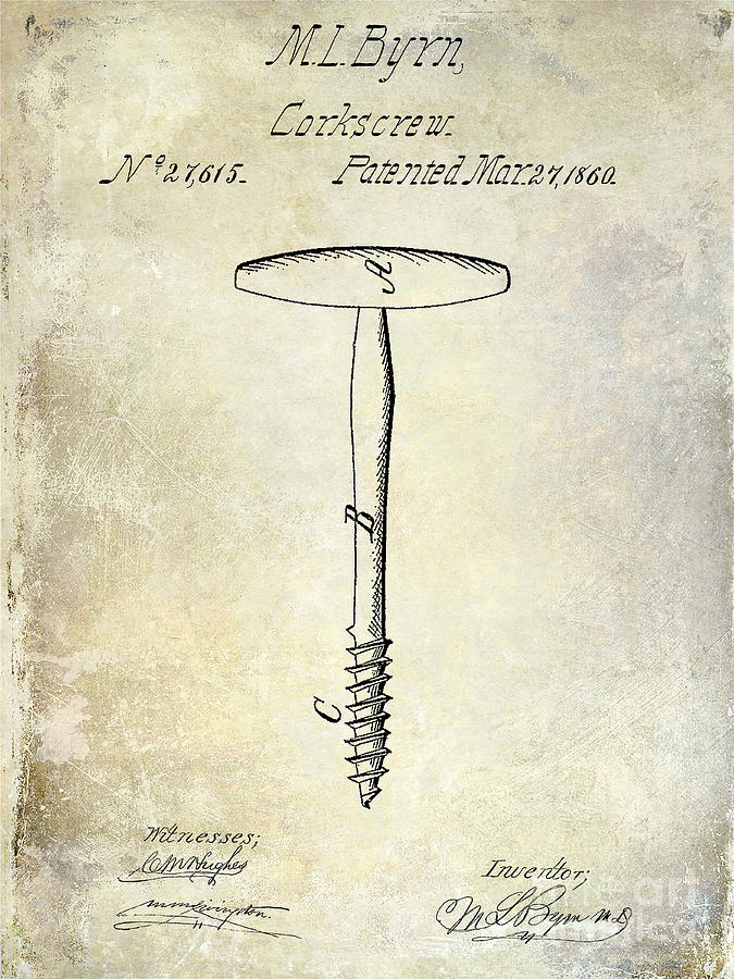 Wine Photograph - 1860 Corkscrew Patent by Jon Neidert