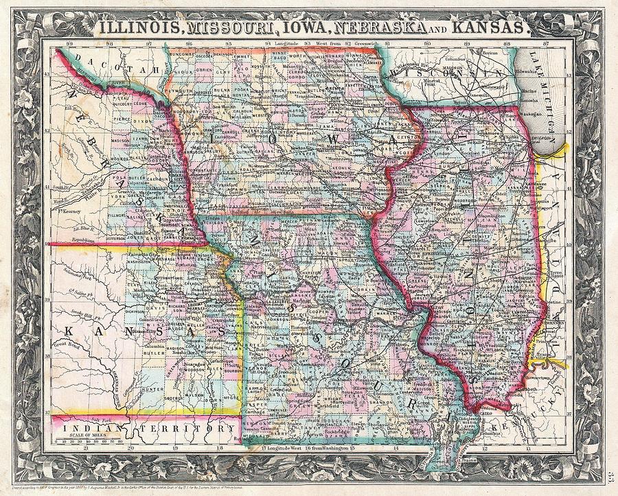 1860 Mitchell Map of Iowa, Missouri, Illinois, Nebraska and Kansas ...