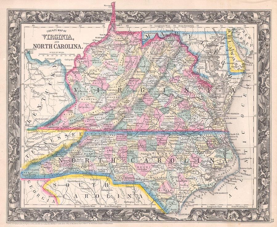 1860 Mitchell Map of Virginia  and North Carolina Photograph by Paul Fearn