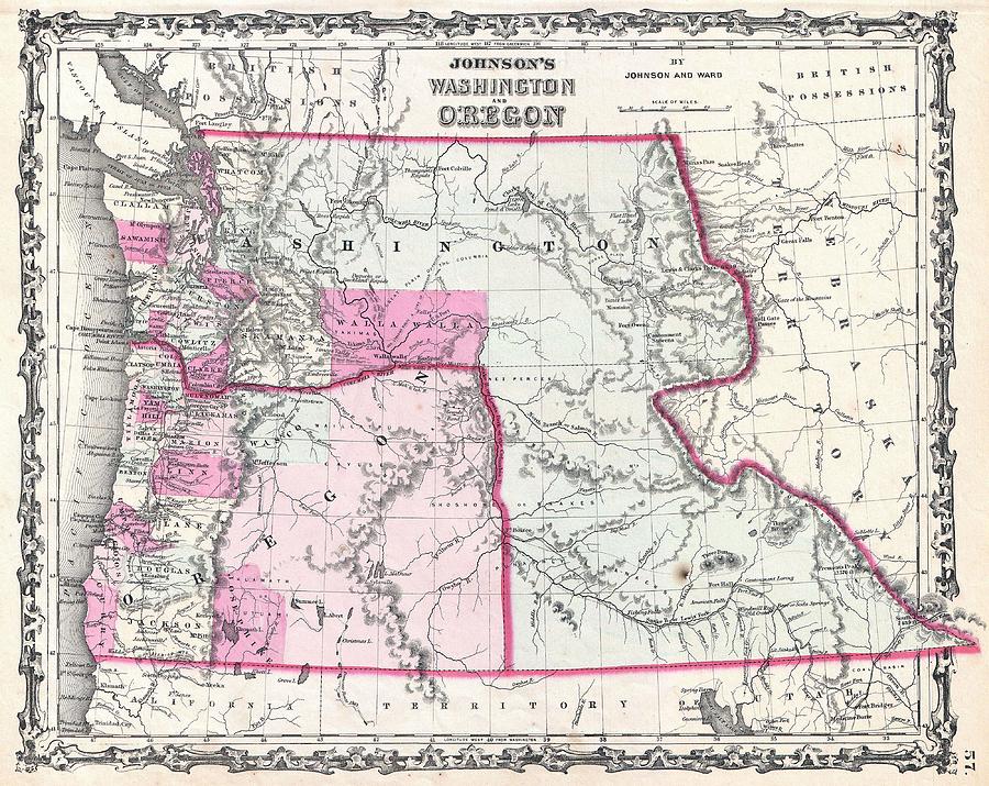 1862 Johnson Map of Washington and Oregon w-Idaho Photograph by Paul ...