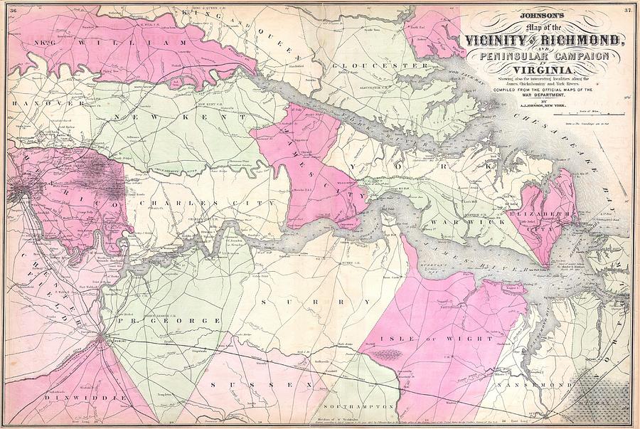 Abstract Photograph - 1862 Johnsons Map of The Vicinity Of Richmond and Peninsular Campaign in Virginia by Paul Fearn