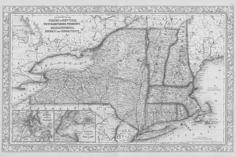 1863 New England and New York Map Black and White Digital Art by Toby McGuire