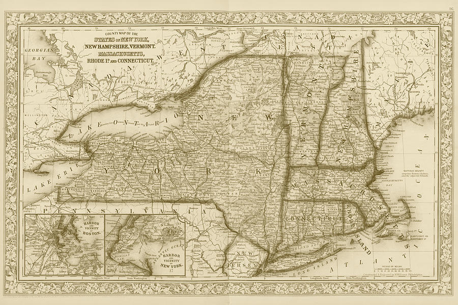 1863 New England and New York Map Sepia Digital Art by Toby McGuire