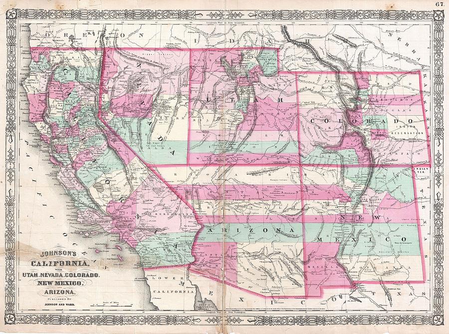 1864 Johnson Map of California Nevada Utah Arizona New Mexico and ...