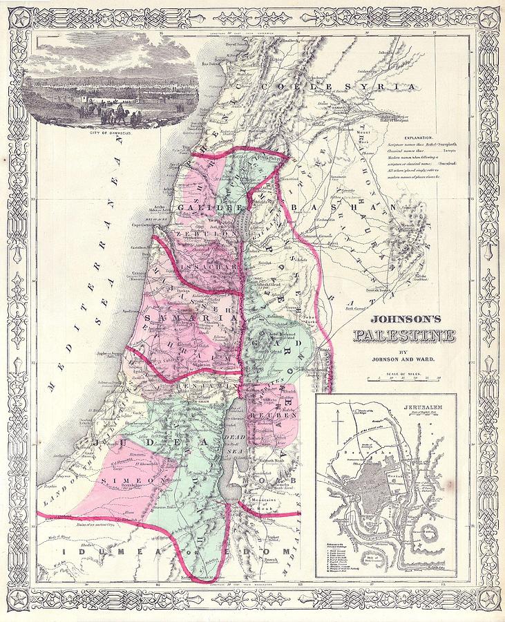 1864 Johnson Map of Israel, Palestine, or the Holy Land Photograph by ...