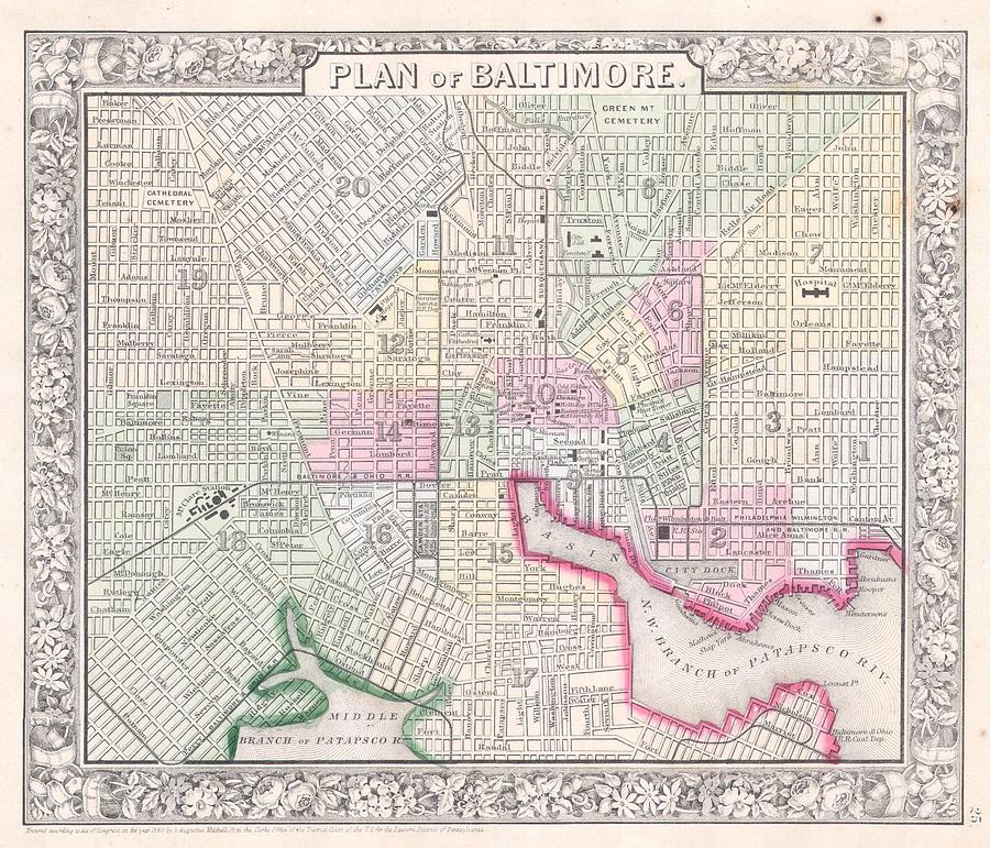 1864 Map of Baltimore Maryland Painting by Celestial Images