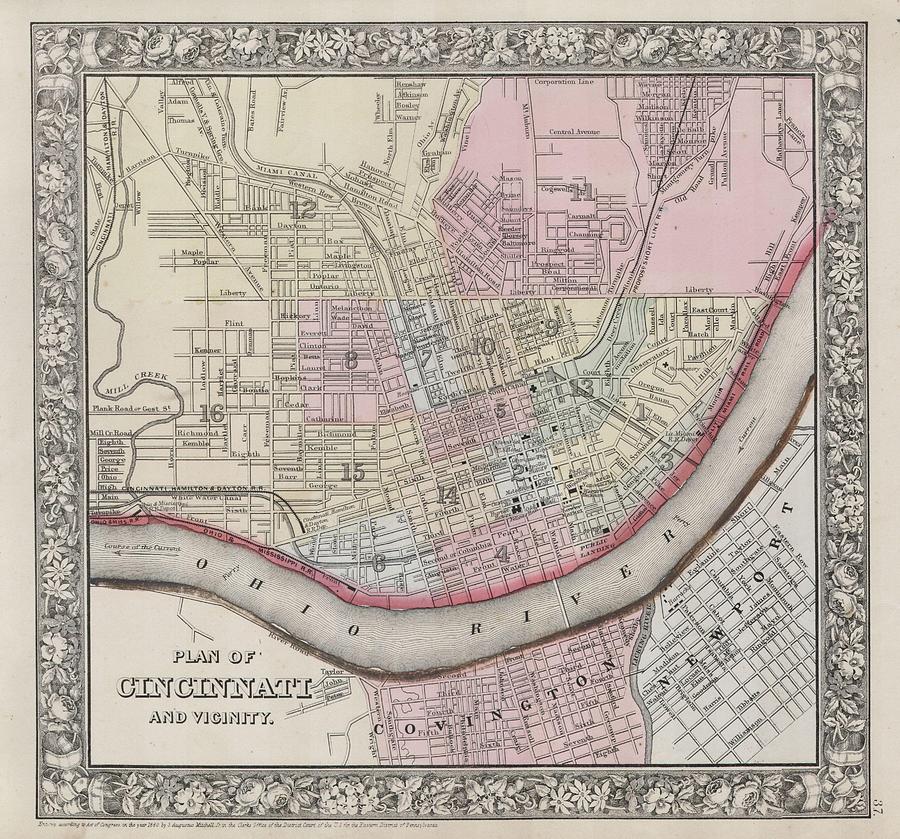 1864 Mitchell Map of Cincinnati. Ohio Painting by Celestial Images