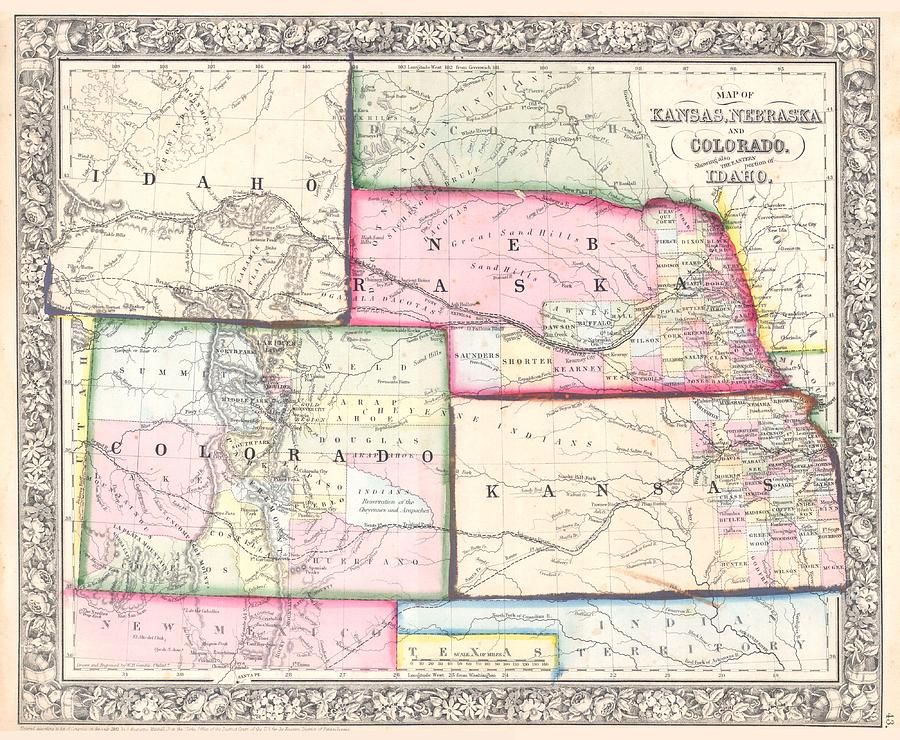 1864 Mitchell Map of Colorado, Kansas Nebraska Photograph by Paul Fearn ...