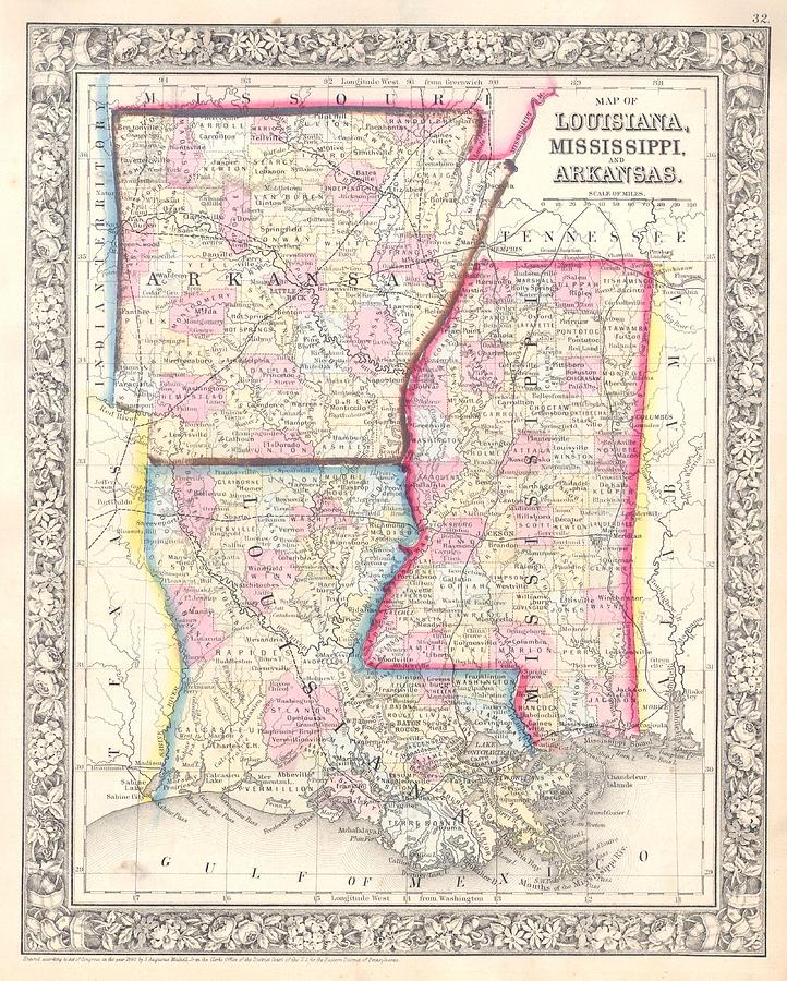 1864 Mitchell Map of Louisiana Mississippi and Arkansas Photograph by ...