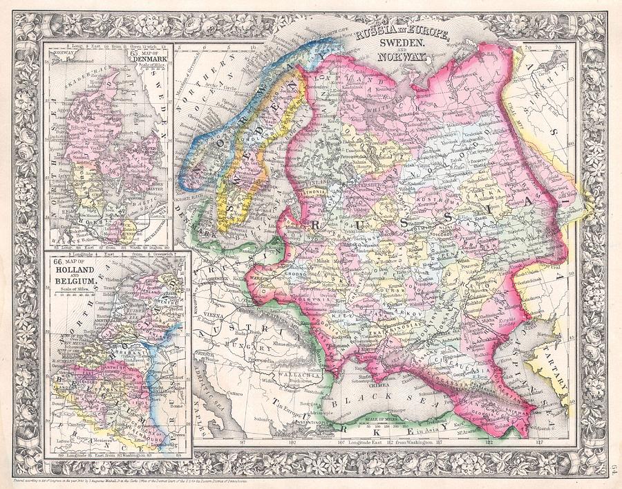 1864 Mitchell Map of Russia Scandinavia Denmark Holland and Belgium ...