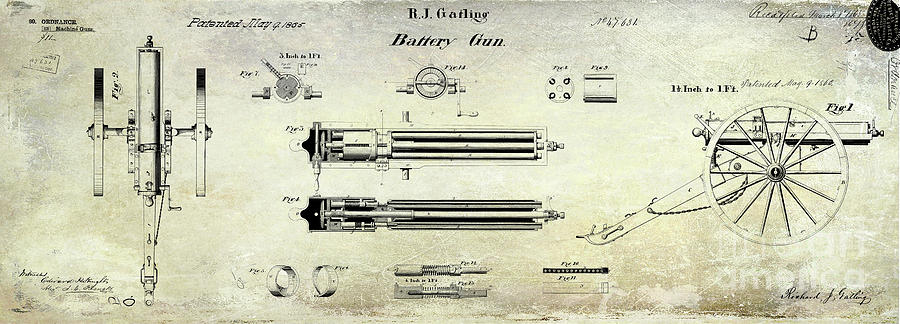 1865 Gatling Gun Blueprint Patent Digital Art by Jon Neidert