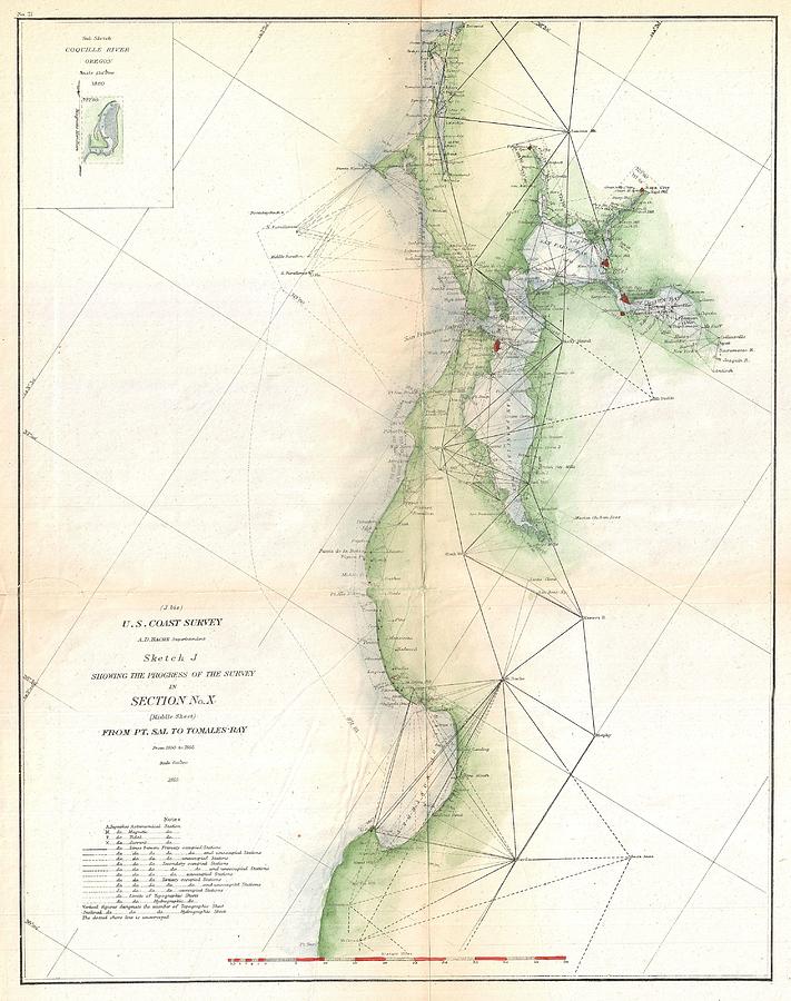 1865 US Coast Survey Triangulation Map of San Francisco Bay Photograph by Paul Fearn