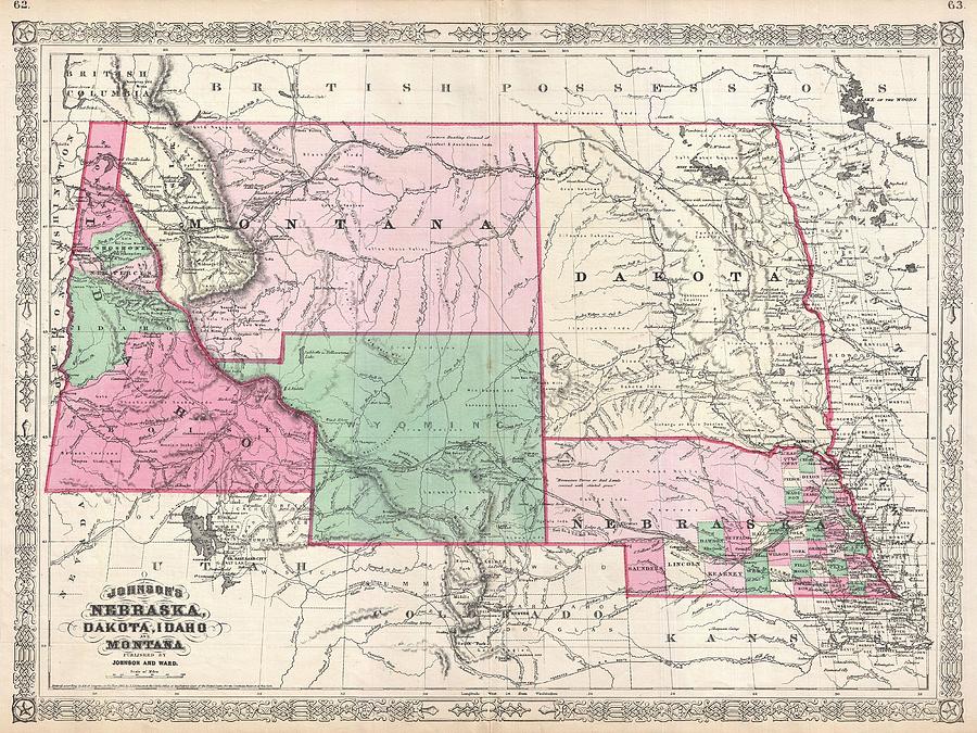 1866 Johnson Map of Montana Wyoming Idaho Nebraska and Dakota ...