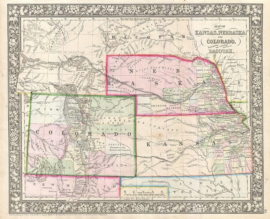 1866 Mitchell Map of Colorado Nebraska and Kansas Photograph by ...