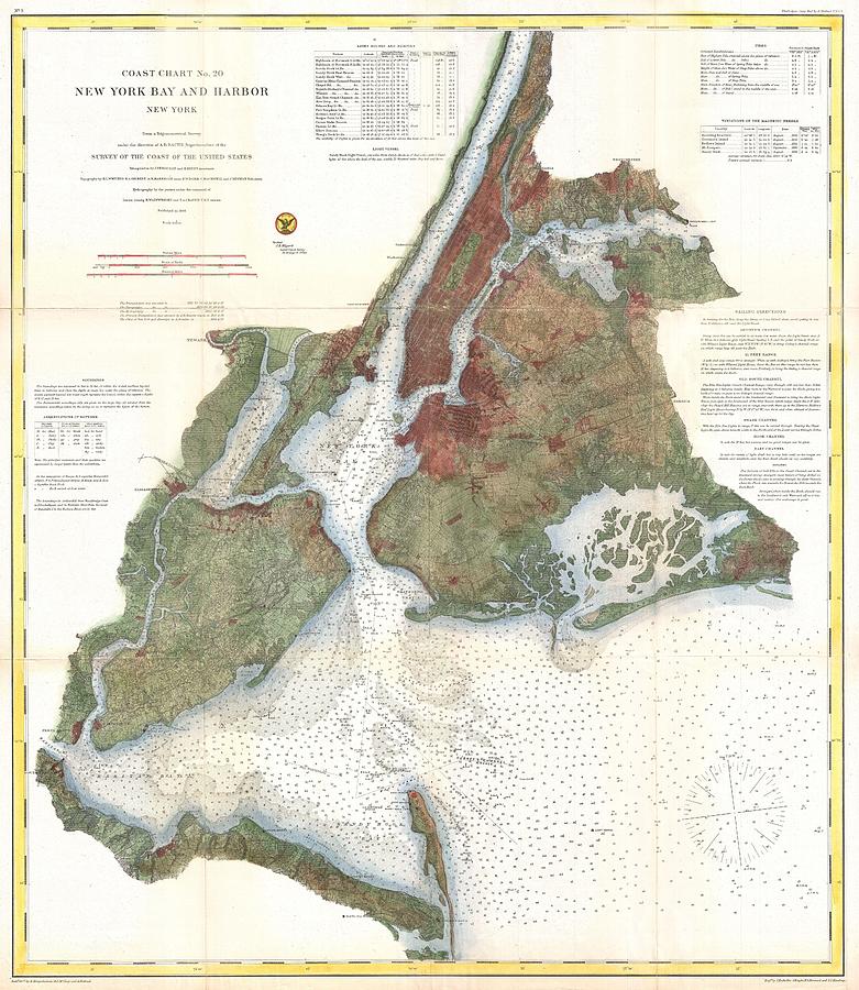 1866 U.S. Coast Survey Nautical Chart of Map of New York City and Harbor  Photograph by Paul Fearn