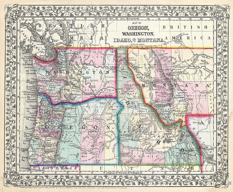 1867 Mitchell Map of Oregon Washington Idaho and Montana Photograph by ...