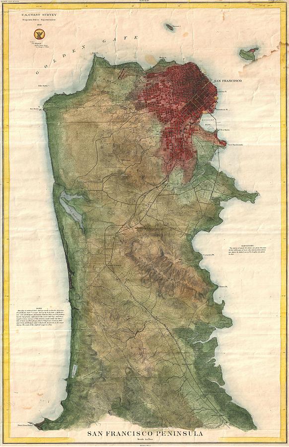 1869 US Coast Survey Map of the San Francisco Peninsula  Photograph by Paul Fearn