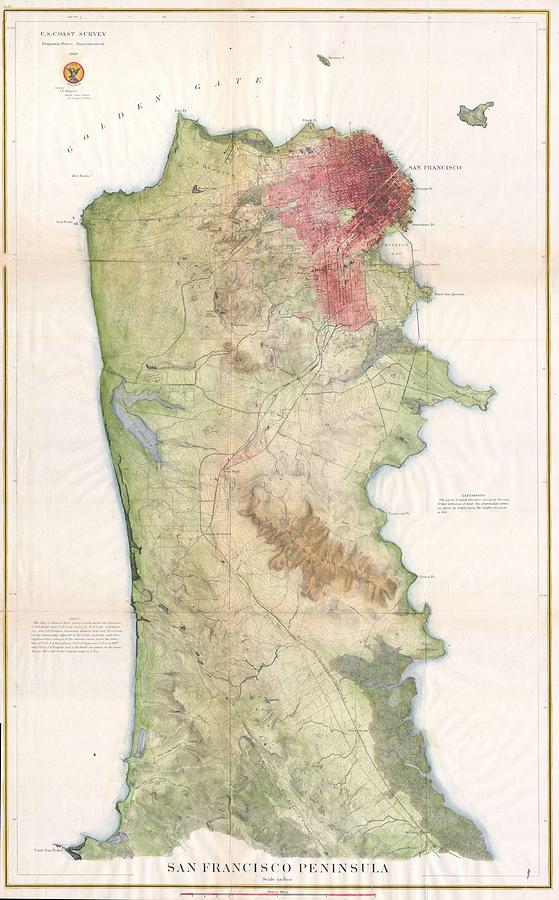 1869 USCS Map of the San Francisco Peninsula Photograph by Paul Fearn