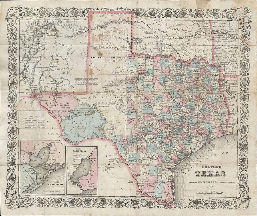 1870 Colton Pocket Map of Texas Photograph by Paul Fearn