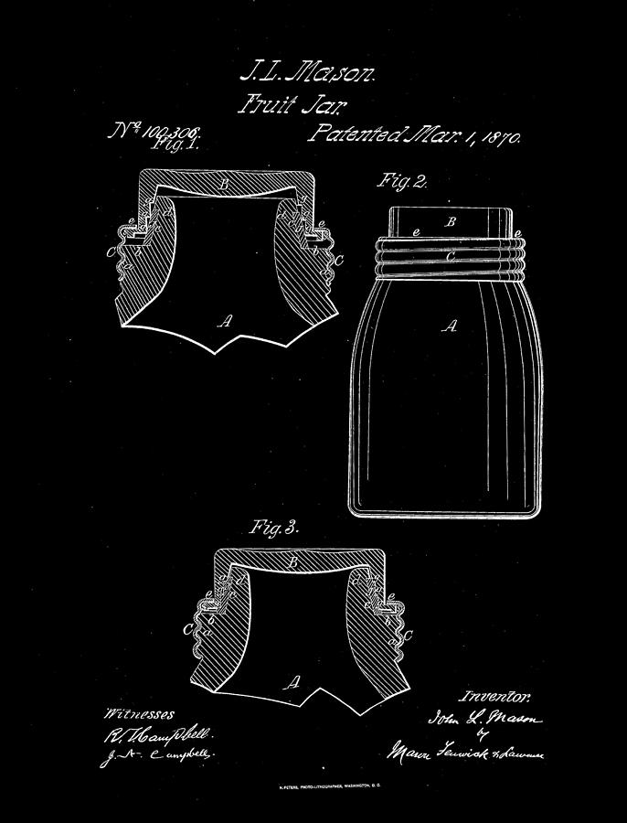 1870 Fruit Jar Patent Drawing Drawing by Steve Kearns