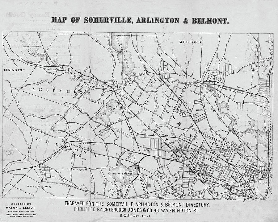 1871 Somerville Arlington and Belmont Map Black and White Digital Art by Toby McGuire